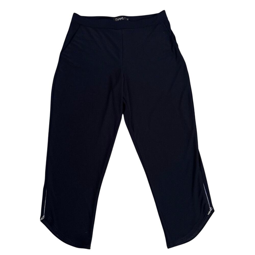 Sympli Size 10 Navy Blue Cropped Pants Zipper Ankles Slinky Pull On Pockets